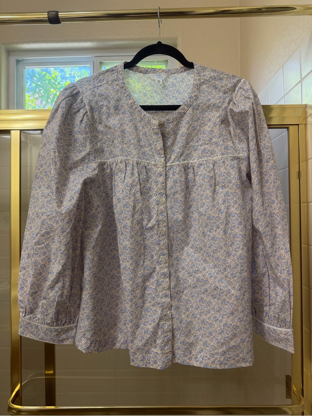Time and Tru Blue and Cream Floral Button-Front Top